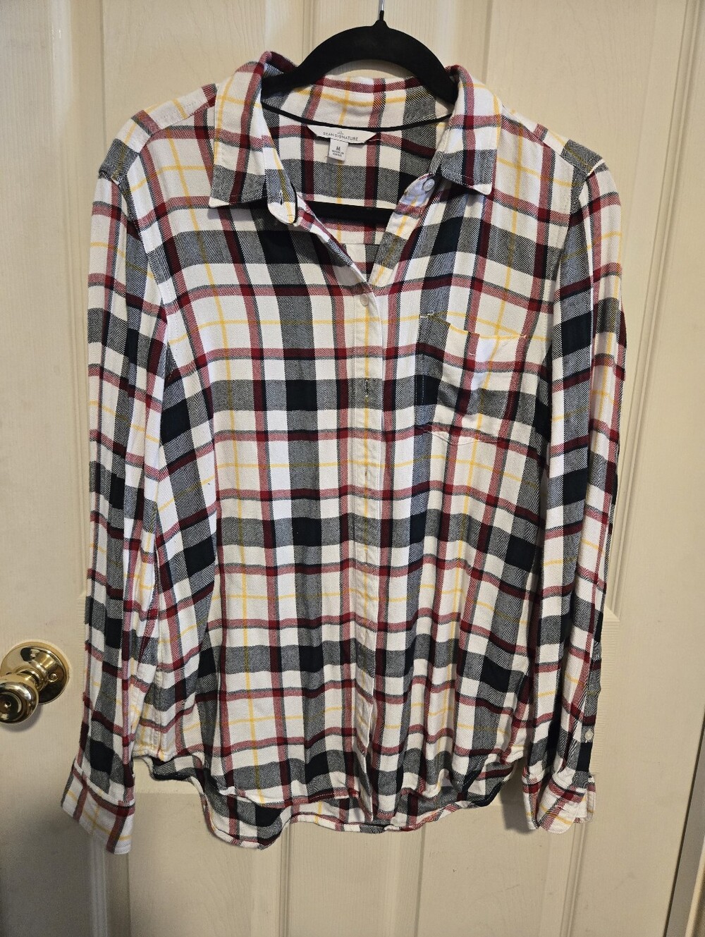 Womens White Plaid Button-Down Shirt with Black, Red & Yellow Stripes